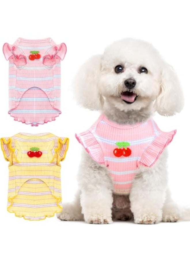CLENEA 2 Pack Striped Small Dog T-Shirt, Cute Cherry Design, Breathable Soft Cotton Sleeveless Vest for Small Dogs and Cats, Spring and Summer Doggy Outfits (Pink + Yellow, Large) - Image 1